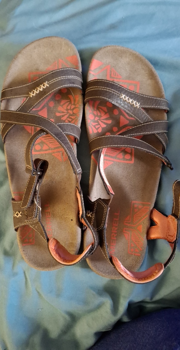 Merrell Women’s Brown Sandals with Orange Insole Accents